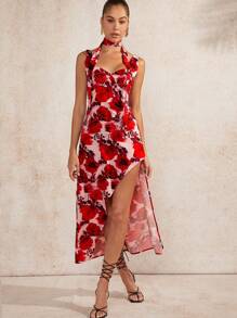 L'Amorae Floral Asymmetric Draped Neck Dress - Multicolor - View 1