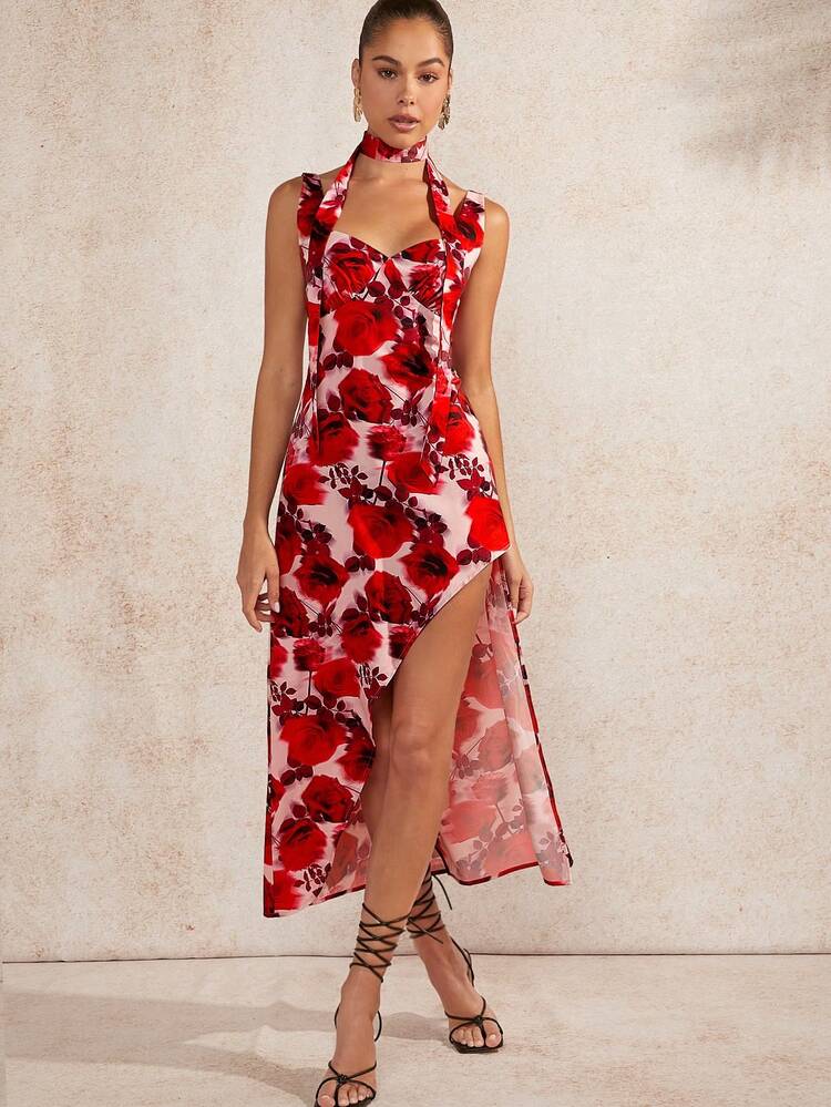 Floral Asymmetric Draped Neck Dress