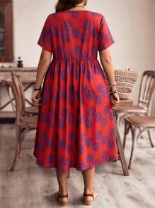 EMERY ROSE Kích thước lớn Của phụ nữ Lỏng lẻo phù hợp Giải trí Quốc gia Lanh Đầm Với Nhỏ bé In hoa Cho mùa xuân Và Mùa hè - Đỏ - Xem 2