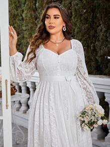 Simplee Plus Size Women Elegant Vintage Lace A-Line Dress, Long Sleeve Waist Cinched, Suitable For Wedding, Party, Birthday