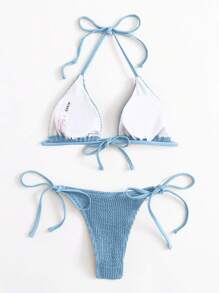 SHEIN Swim Holiday Solid Color Texture Two-Piece Bikini Set, Summer Beach - Dusty Blue - View 2