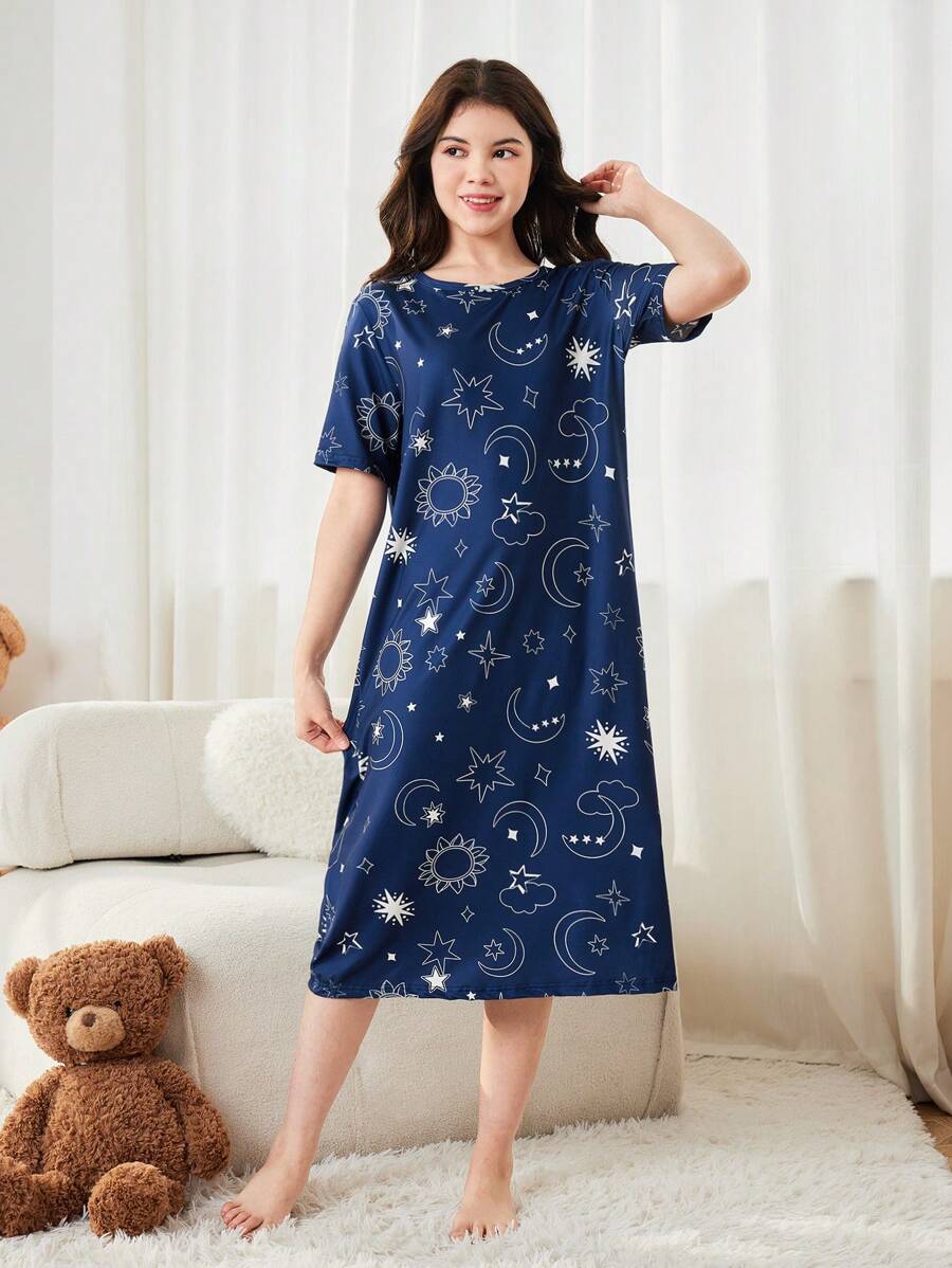 夏季少女鬆身星星印花家居服睡衣 - 寶藍色 - 查看 1