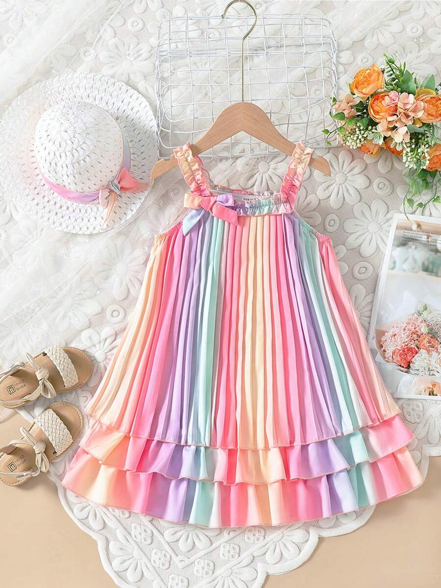 SHEIN 年輕女孩時尚彩虹肩帶荷葉邊裙子夏季連帽裝 - 彩色 - 查看 1