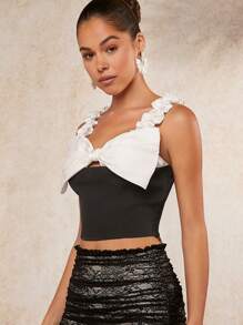 L'Amorae Colorblock Bow Bust Ruffle Crop Top - Black and White - View 4