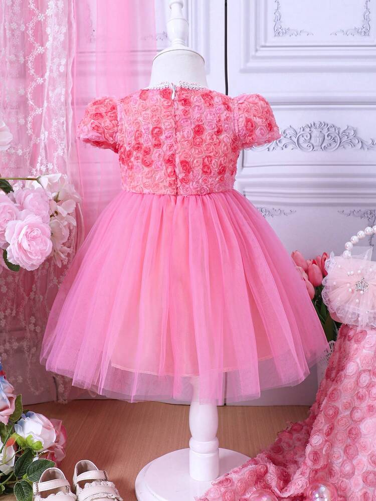 Wedding Season Baby Girl Cute Party Dress With 3D Flowers, Bubble Sleeves And Mesh Hem