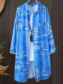 EMERY ROSE Plus Size Slogan Printed Long Dress - Blue - View 1