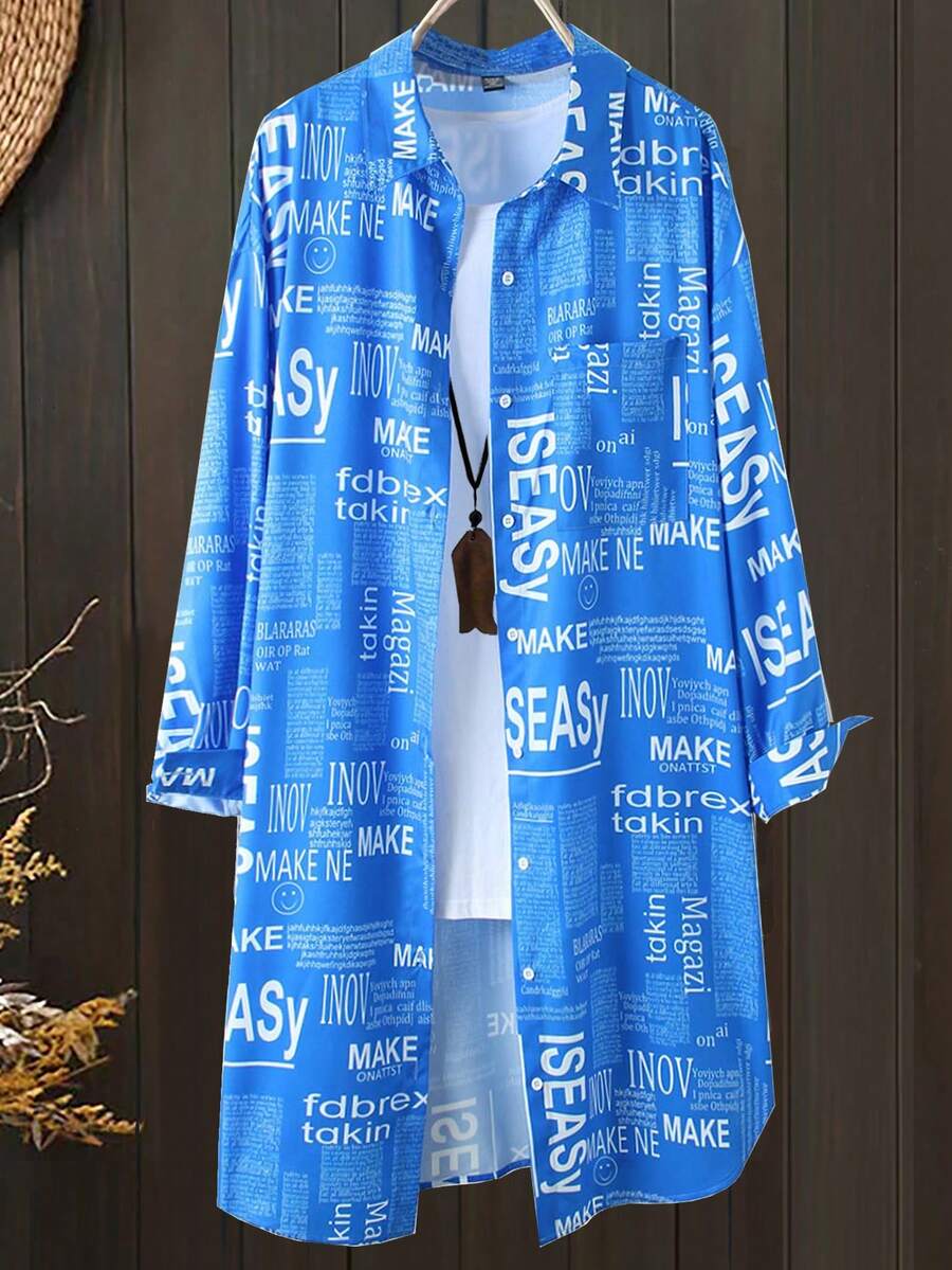 EMERY ROSE Plus Size Slogan Printed Long Dress - Blue - View 1