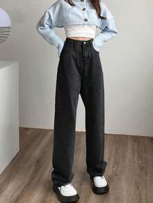 Women's High Waisted Straight Leg Jeans With Tie Back - Black - View 4