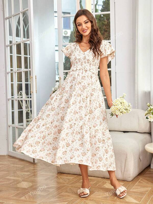 Robe élégante d'été longue pour femme avec imprimé floral, décolleté en V et manches à volants