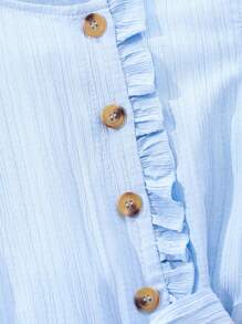 少女荷葉邊前紐扣搭腰帶連身褲 - 藍色 - 查看 4