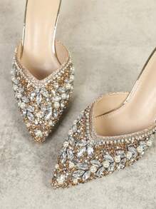 Fall/Winter Women's Pointed Toe High Heel Slip On Sandals With Rhinestone, New Design Party & Casual Wear,Elegant,Mule - Champagne - View 6