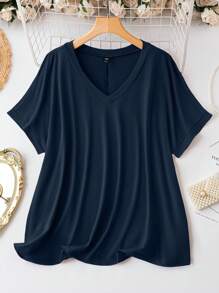 EMERY ROSE Camiseta De Talla Grande De Verano Informal De Color Sólido Con Cuello En V Y Manga Corta - Azul Marino - Ver 1