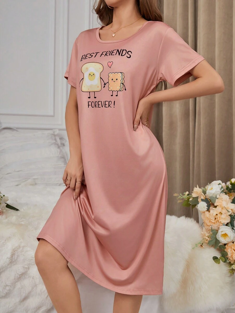 Women's Cute Toast Print Knee-Length Pajama Night Dress - Multicolor - View 1