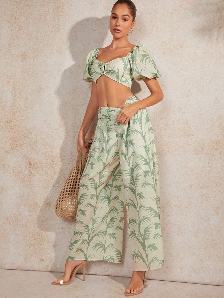 Leaf Puff Sleeve Top & Pants Two Pieces Set