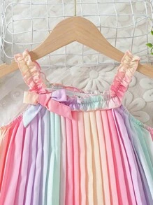 SHEIN 年輕女孩時尚彩虹肩帶荷葉邊裙子夏季連帽裝 - 彩色 - 查看 4