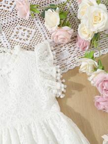 少女拼接球形鑲嵌蕾絲公主裙-適用於生日派對，夏季 - 白色 - 查看 4