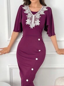 Modelyn Women's Slim Fit Ruffle Short Sleeve Dress With Floral Applique Long Evening Dresses - Purple - View 6