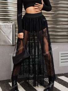 Lace Mesh Layered Skirt With Underskirt