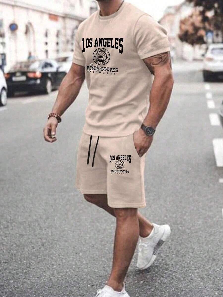 Manfinity Homme Men's Letter Printed T-Shirt And Shorts Set For Summer - Khaki - View 1