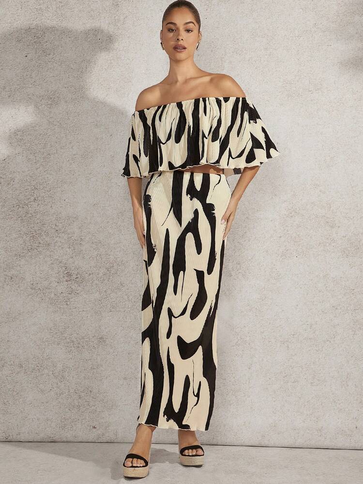 Print Off Shoulder Top & Skirt Two Pieces Set