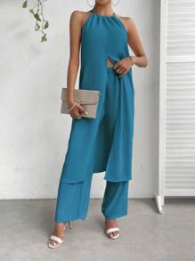 SHEIN Essnce Solid Split Hem Halter Top & Wide Leg Trousers - Blue - View 3