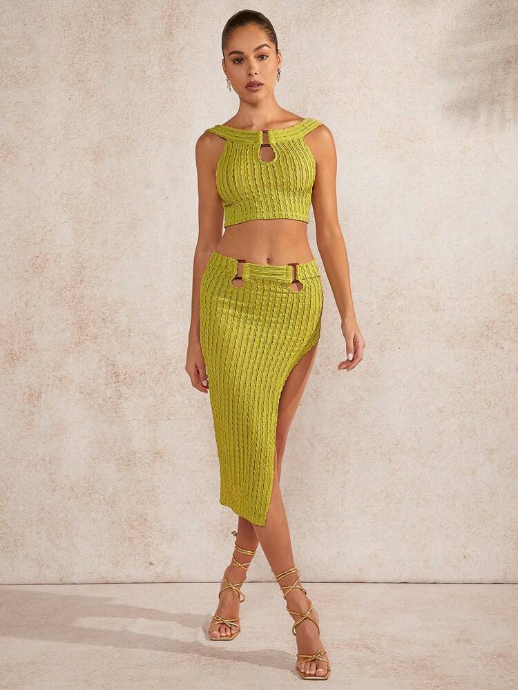 Textured Ring Top & Split Skirt Two Pieces Set
