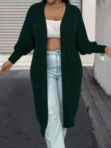 SHEIN LUNE Plus Size Batwing Sleeve Long Cardigan, Winter - Dark Green - View 5