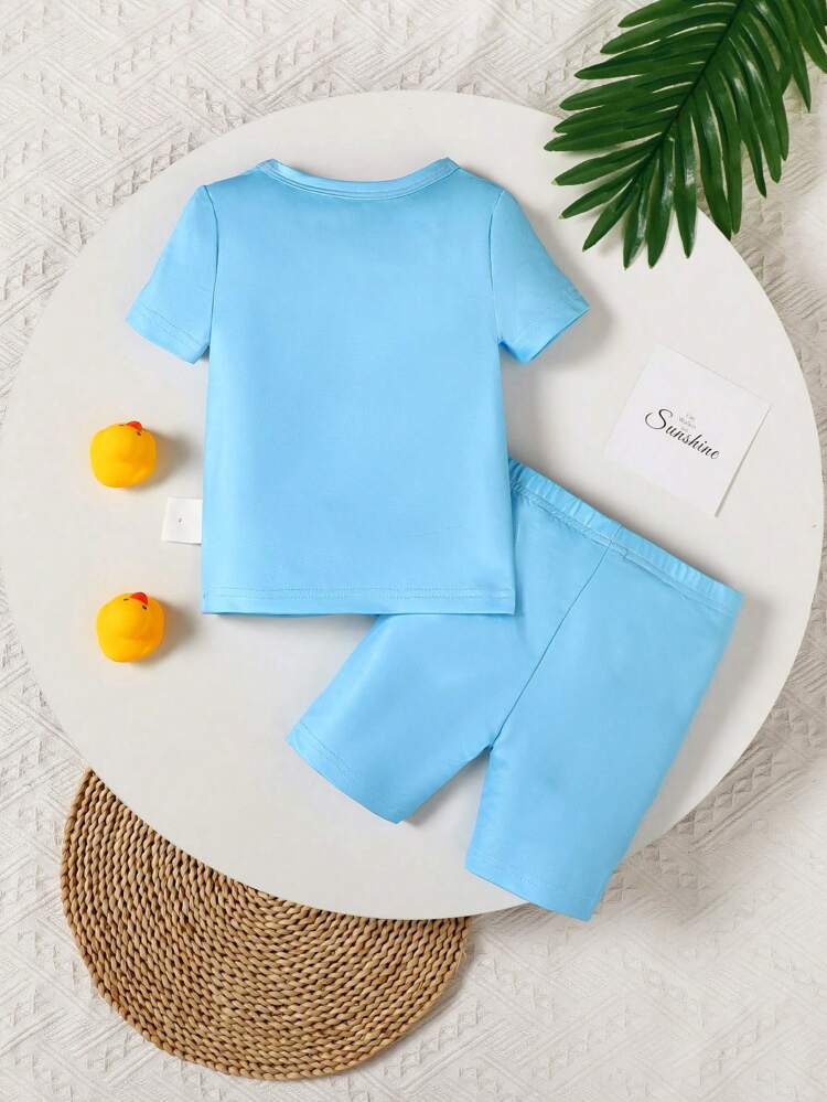 Baby Boy's Cute Casual Laser Digital Location Seaside Swim Ring Tiger Print Short Sleeve Top And Shorts Homewear Set