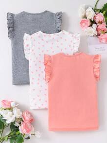 SHEIN Tween Girls' 3pcs Cute Casual Knitted Tank Top Set With Heart Print, Solid Color And Ruffle Decoration,Holiday,Summer,Travel - Grey - View 2