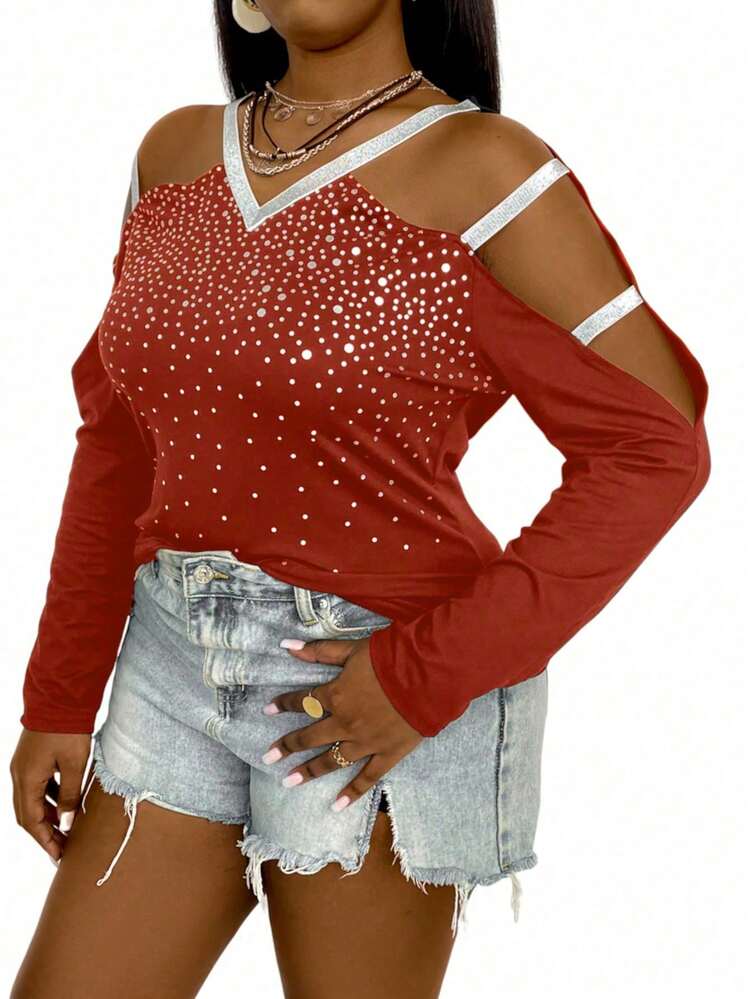 Plus Clod Shoulder Long Sleeve Polka Dot Print T-Shirt