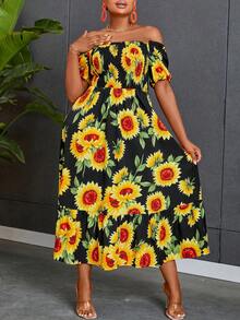 SHEIN Holidaya 超大碼假日向日葵印花露肩裙