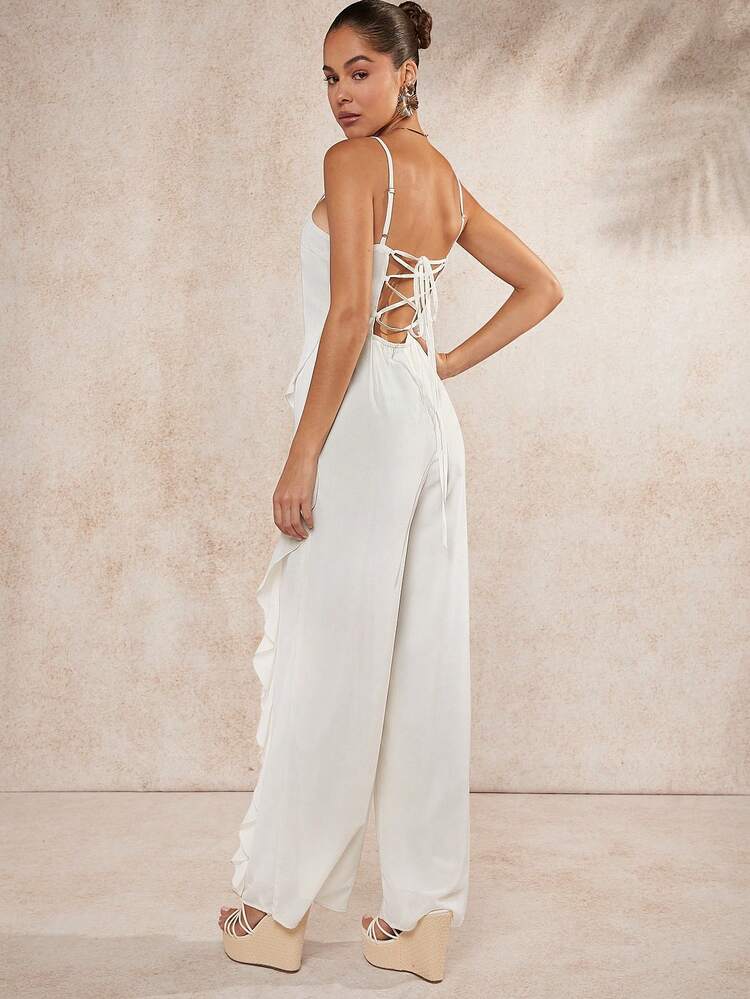 Ruffle Wide Leg Lace Up Back Jumpsuit