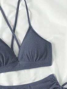 SHEIN Swim 女士純色簡約胸衣上衣和束繩泳裝下著分體比基尼套裝 - 淺灰色 - 查看 6