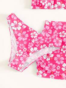 SHEIN Tween Girl Floral Print Bikini Set & Ruched Beach Skirt Summer Beach - Pink - View 4
