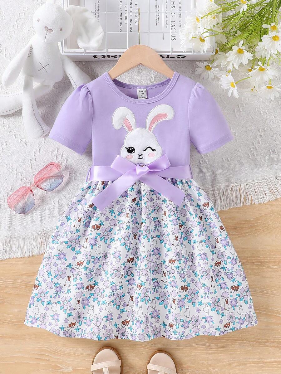 SHEIN 少女夏季新品兔子刺繡、拼布、花卉印花可愛短袖裙 - 紫色 - 查看 1