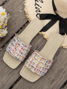 WRCVS Sandalias planas de verano para mujer, estilo nacional con bordado, tela de cuadros de colores, pantuflas con diseño al azar, calzado casual, San Valentín