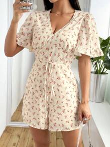 SHEIN Unity 碎花印花连体裤，荷叶边袖子和收腰设计 - 彩色 - 查看 5