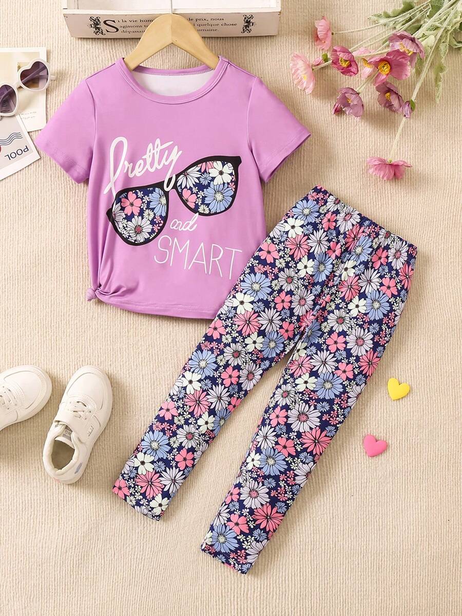 SHEIN Young Girl Flower Printed Short Sleeve T-Shirt And Pants Set, Summer, School, Campus, College - Purple - View 1