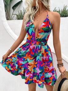 Breezaya Đầm hở lưng in họa tiết cây cối cổ yếm bó eo trang phục đi biển cho nữ - Nhiều màu - Xem 3