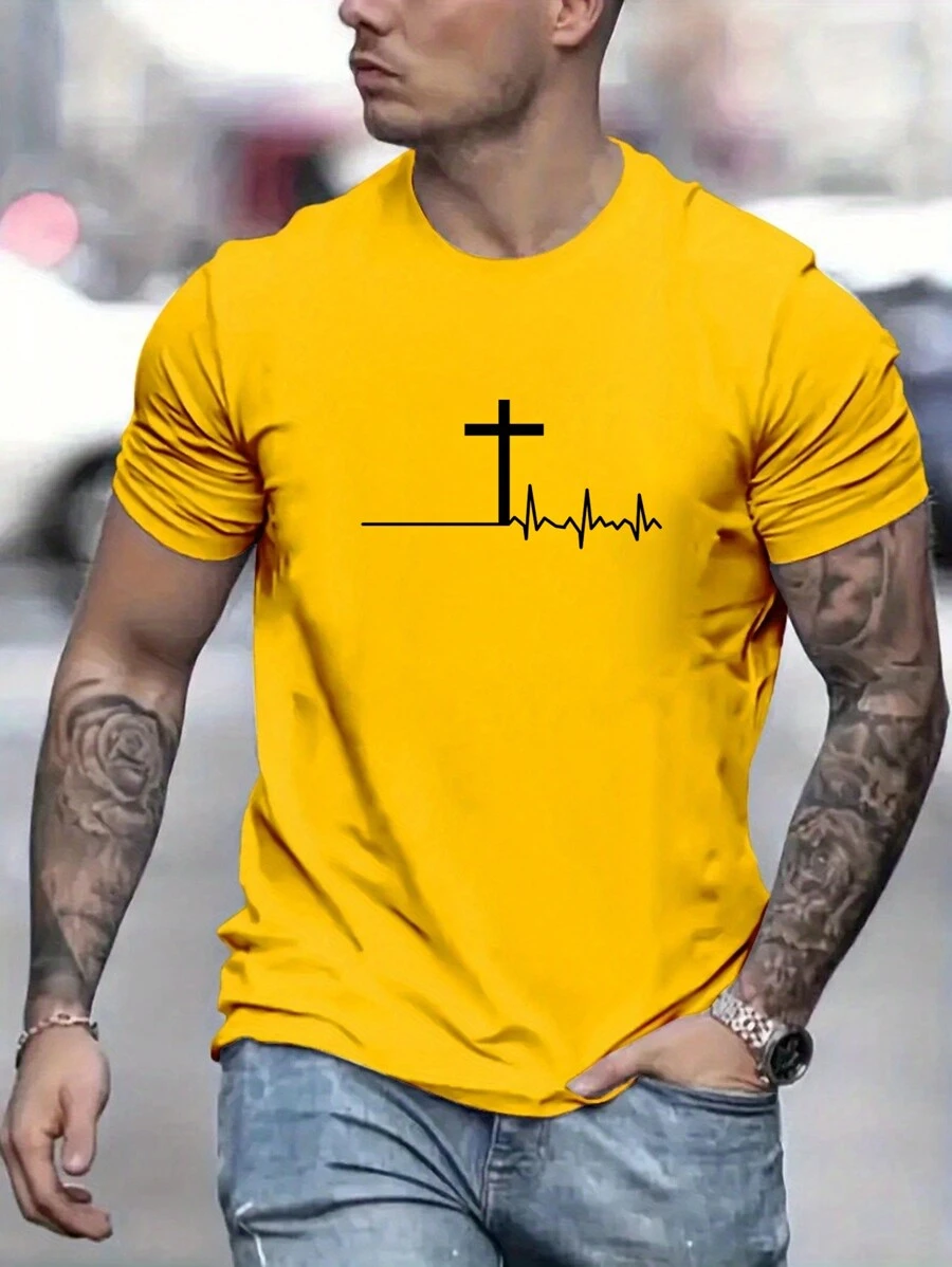 Manfinity Homme Áo thun nam tay ngắn mùa hè in hình chữ thập, đi chơi, tặng chồng - Màu vàng - Xem 1
