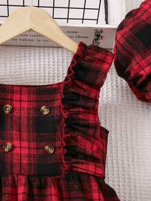 SHEIN Mexican Children Day Young Girls' Red Plaid Dress With Hat, Cute And Lively Style, Fashionable And Versatile, Perfect For Spring And Summer - Red - View 3