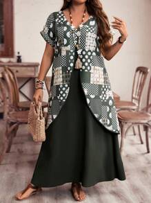 EMERY ROSE 大碼女性寬鬆休閒雙層長款夏裝連衣裙，印花拼接設計 - 軍綠色 - 查看 1