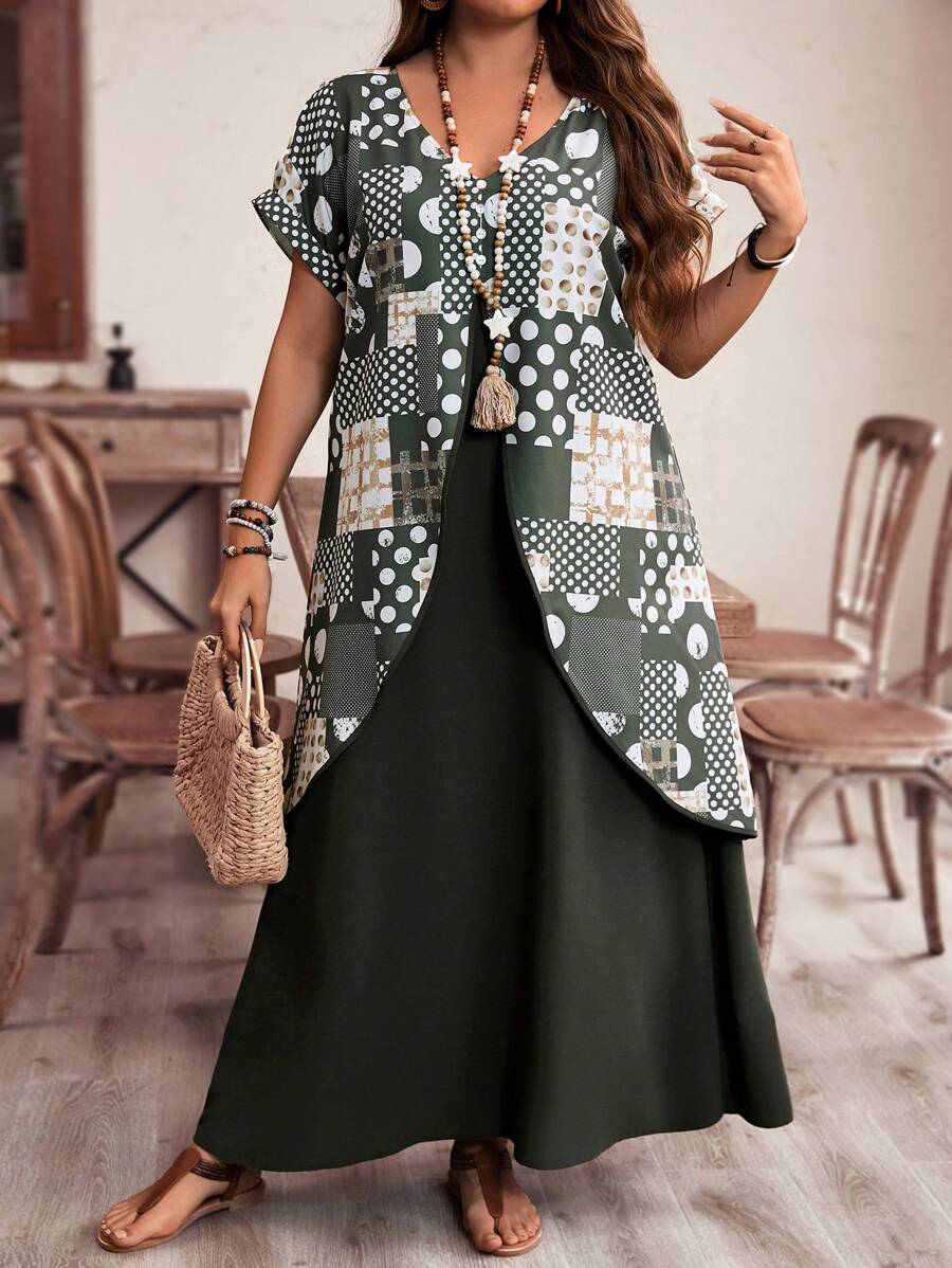EMERY ROSE 大碼女性寬鬆休閒雙層長款夏裝連衣裙，印花拼接設計 - 軍綠色 - 查看 1
