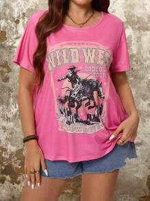 SHEIN LUNE Plus Size Western Cowboy Printed Round Neck Short Sleeve T-Shirt, Perfect For Summer Leisure - Hot Pink - View 1