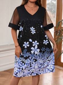 EMERY ROSE Plus Size Nữ Thanh Lịch Trang Phục Xuân/Hè In Lưới Nối Váy Ngày Của Mẹ - Nhiều màu - Xem 4