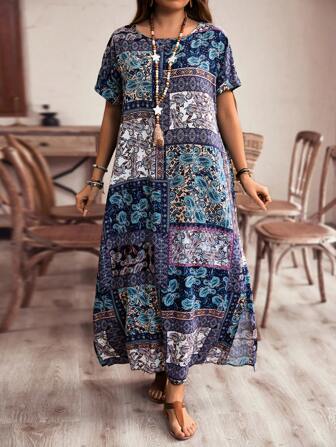 EMERY ROSE Damen Große Größen Urlaubsstil Patchwork Blumenprint Seitenschlitz luftiges langes Strandkleid, Sommer