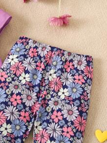 SHEIN Young Girl Flower Printed Short Sleeve T-Shirt And Pants Set, Summer, School, Campus, College - Purple - View 5