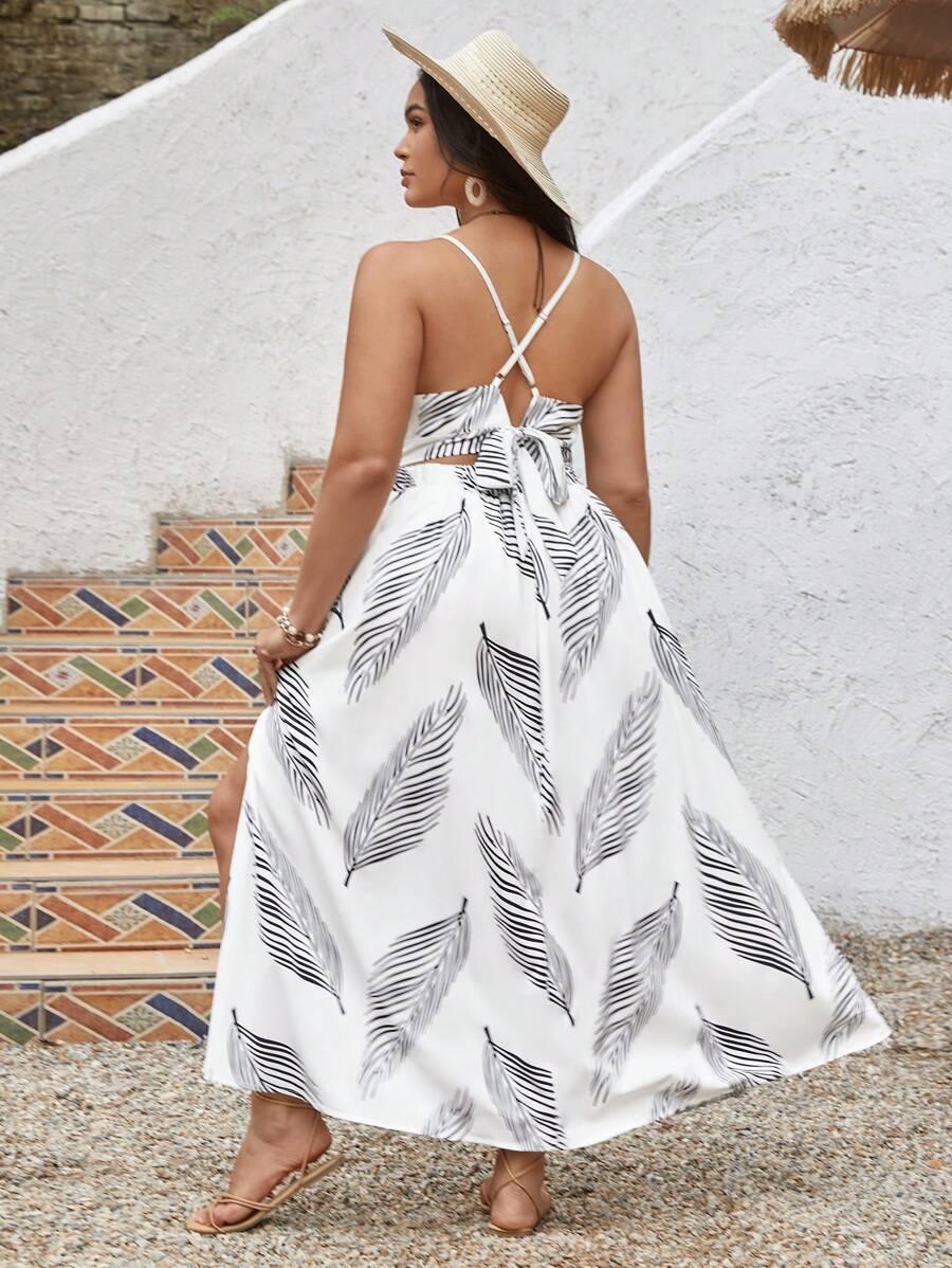 SHEIN VCAY Robe de plage d"été de vacances grande taille avec imprimé feuille, fente haute sur le côté et dos ouvert - Noir et Blanc - Voir 1