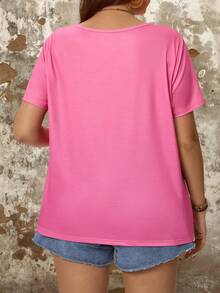 SHEIN LUNE Plus Size Western Cowboy Printed Round Neck Short Sleeve T-Shirt, Perfect For Summer Leisure - Hot Pink - View 2