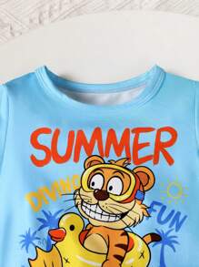 男婴可爱休闲激光数码定位海边游泳圈老虎印花短袖上衣和短裤家居服套装 - 藍色 - 查看 3